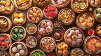 Fototapeta premium Top-down view of a table with various dim sum items in bamboo baskets, sauces, and tea