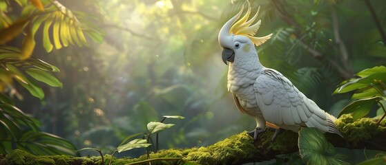 A Sulphur-crested Cockatoo, with its bright yellow crest and white plumage, stands out against the verdant backdrop of a rainforest. 