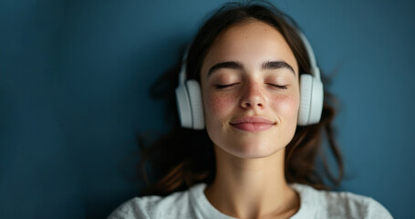 Fototapeta premium A young woman with closed eyes and a peaceful smile wearing white headphones, enjoying music. This serene portrait captures relaxation, mindfulness, and the joy of listening to music.