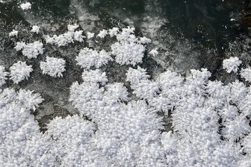 thawed patches and patterns on the Malaya Ulba mountain river in Eastern Kazakhstan in winter