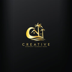 Obraz premium Palm tree wave travel gold home logo Wave beach palm logo design icon combination Vector illustration