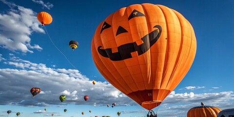 Fototapeta premium Panoramic Halloween: Smiling Jack-o'-Lantern Orange Balloon on Blue