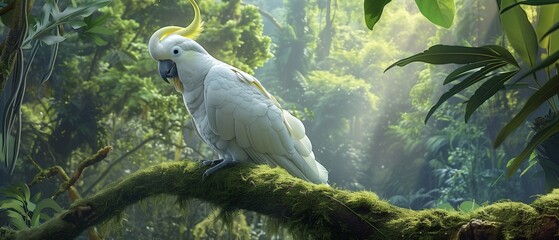 A Sulphur-crested Cockatoo, with its bright yellow crest and white plumage, stands out against the verdant backdrop of a rainforest, Standing on the moss covered wood, bathed in warm light.