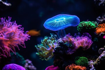 Obraz premium Glowing mushroom coral illuminating colorful reef in dark aquarium