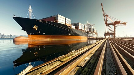 Fototapeta premium Large cargo ship docked at a port with cranes and containers, symbolizing a port strike, highlighting the scale of the port and the absence of activity.