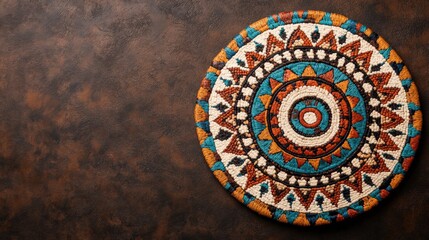 Fototapeta premium Beautifully Handcrafted Circular Decorative Mat with Intricate Colorful Patterns and Textures, Showcasing Traditional Artistry and Ethnic Design Elements