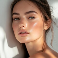 Close-up portrait of a young woman with natural makeup and glowing skin.