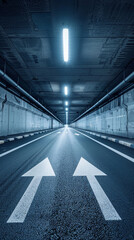 An empty tunnel bathed in cool blue light features prominently painted forward arrows, creating a path into the unknown.