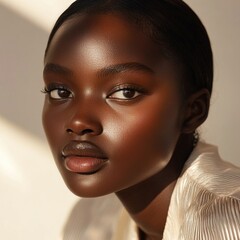 Close-up portrait of a young Black woman with rich, glowing skin.
