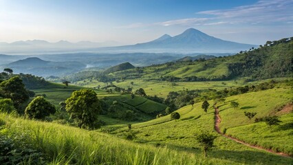 Fototapeta premium Panoramic Landscape Photography: Lush Green Hills near Kilembe, Uganda