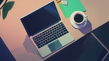 Modern Laptop Workspace Pixel Art Digital Illustration with Coffee Cup and Minimal Setup in Contemporary Gaming Office Style