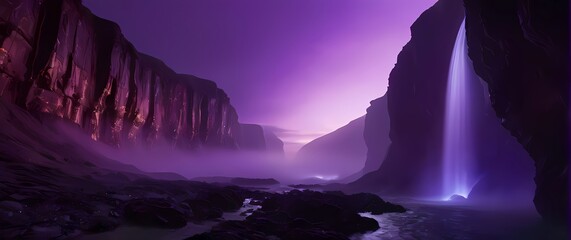 A breathtaking sci fi landscape with radiant waterfalls cascading down glowing cliffs under a purple sky