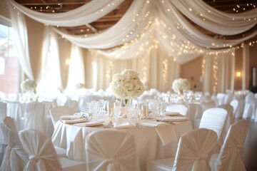 Elegant white wedding reception hall with draping fabric and string lights illuminating floral centerpiece