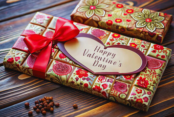 Beautifully Wrapped Valentine's Day Chocolate Gift with Red Ribbon and Floral Design