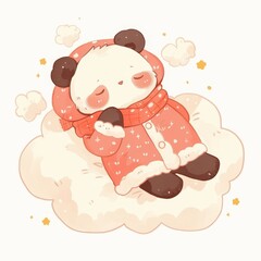 Fototapeta premium Adorable Panda Bear in Cozy Winter Outfit Asleep on a Cloud Cute Cartoon Illustration