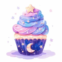 Whimsical Watercolor Galaxy Cupcake with Moon and Stars Dessert Illustration