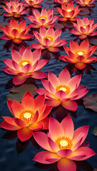 Obon (Japanese Ancestor Festival) お盆 Glowing Red Lotus Flowers Floating on Water at Night