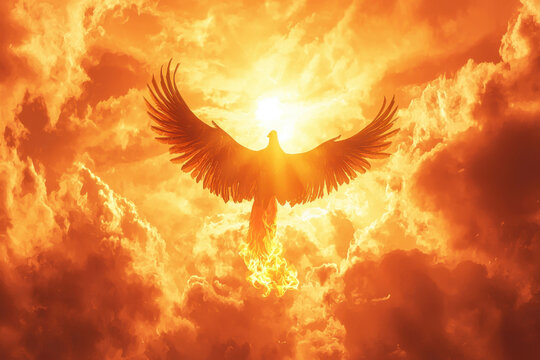 Golden-winged phoenix emerging from bright flames, radiating energy and renewal.