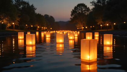 Obon (Japanese Ancestor Festival) お盆 Paper lanterns floating on the water at night 夜の水面に浮かぶ紙灯篭