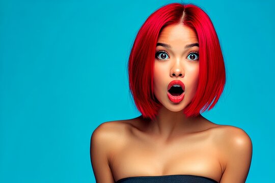 Commercial promotion visual idea. Gorgeous very astounded mixed-race girl - for ads, marketing material and digital marketing use. Short haircut - red hair. Trendsetting model. Trendy haircuts.