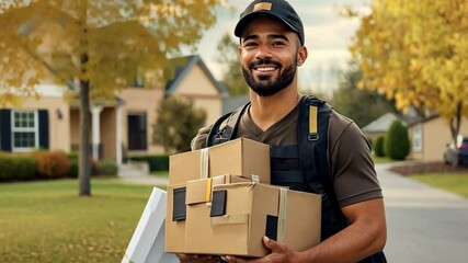labor day concept. Hardworking Postal Worker Delivering Packages and Mail on Labor Day in a Suburban Neighbourhood. courier