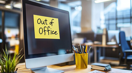 computer monitor with sticky note on it "Out of Office"