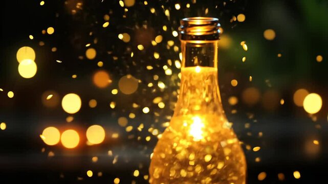 Golden sparkling liquid bursts from a bottle in a festive celebration at night