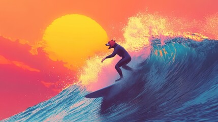 Red panda surfer riding a wave at sunset.