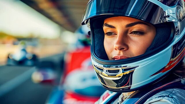 Young female racer in full helmet, intense gaze. Woman prepares for motorcycle race, daytime. Athlete focused track events. Helmeted racer at starting line, bright daylight. Adrenaline, preparation