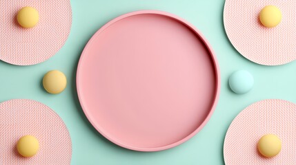 Obraz premium Minimalist pastel dining setup with empty pink plate and colorful spheres on textured mats in clean background