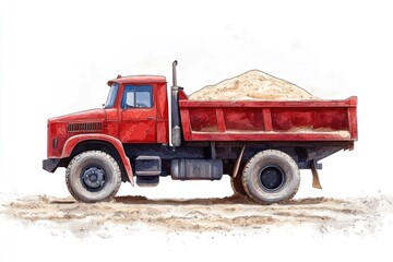 Obraz premium Dump Truck filled with sand isolated on white background. Dump Truck icon. Heavy Machinery. Construction Vehicle with sand. Dump Truck Design Element. Sand-filled Dump Truck isolated.