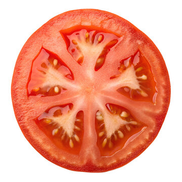 Fresh and ripe juicy tomato slice on white background
