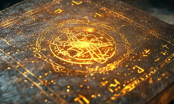 Esotericism book with a glowing text on the cover. The text is written in a foreign language and he is a code or a secret message. The book is old and worn, with a leather binding and gold lettering