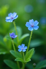 Tiny blue flowers blooming on green stems in the spring, greenery, scorpionweed, blue forget me nots