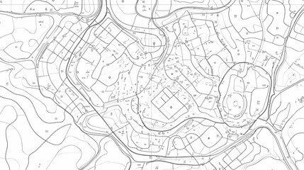 Fototapeta premium Detailed Topographic Map Shows Contours, Roads, and Structures with Precise Measurements and Annotations.
