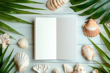 A creative brochure mockup styled with tropical themes, surrounded by palm leaves and seashells.