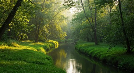 Fototapeta premium Serene River in Misty Green Forest