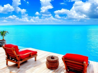 Obraz premium Two Red Lounge Chairs Overlook a Tranquil Turquoise Ocean Under a Cloudy Blue Sky