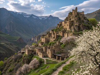 Panoramic View of Abandoned Stone Houses in Gamsutl, Dagestan's Mountainous Village