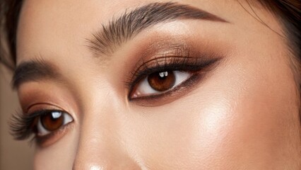 Fototapeta premium Mocha mousse makeup, 2025 Color Trend. Close-up of a woman's eye showcasing shimmering makeup and well-defined brows.