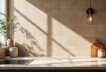 Sunlit Kitchen Corner With Shadows and Natural Elements Showcasing Serene Design. Generative AI