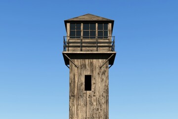 Rustic Wooden Lookout Tower Against Clear Blue Sky Elevated Observation Post