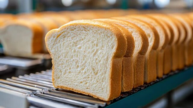Freshly sliced bread loaves arranged on a bakery conveyor belt.
