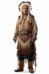 Obraz premium Friendly Native American chief dressed in traditional attire with headdress and fringe details