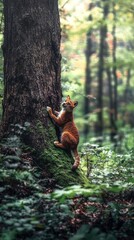Obraz premium Young wild cat climbs a moss-covered tree in a lush forest during daylight, showcasing its playful nature in a vibrant natural setting