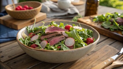 Panoramic View of Delicious Roast Beef Salad Bowl with Radishes