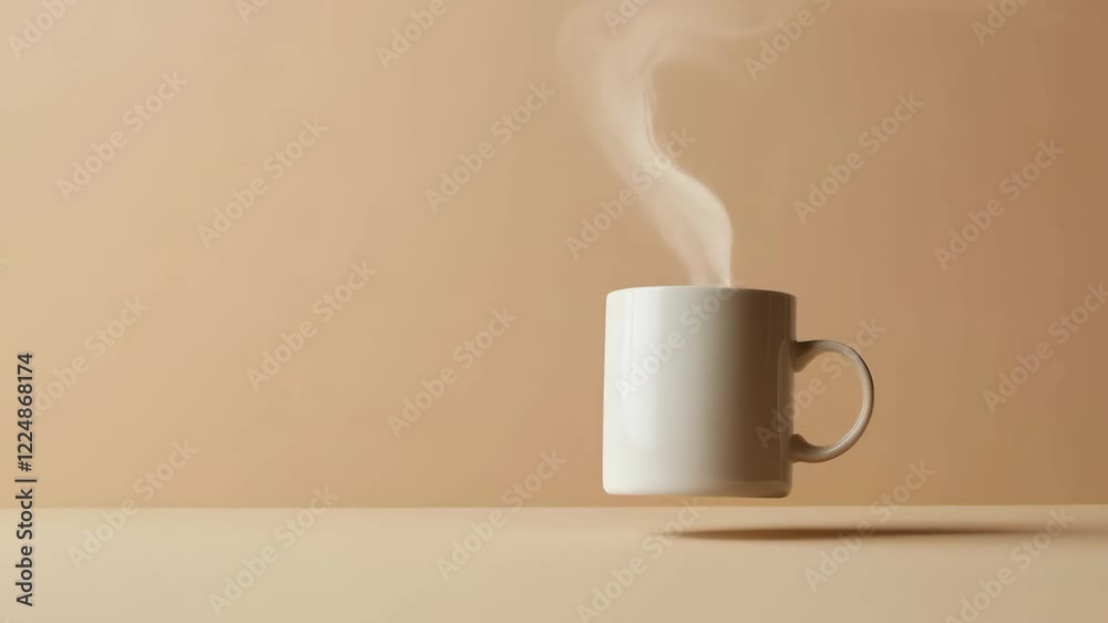 Poster white mug is levitating in the air, releasing a swirl of steam against a minimalist beige backdrop, 