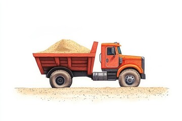 Fototapeta premium Dump Truck filled with sand isolated on white background. Dump Truck icon. Heavy Machinery. Construction Vehicle with sand. Dump Truck Design Element. Sand-filled Dump Truck isolated.