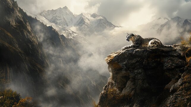 Snow leopard perched on a rocky outcrop with snowy mountains and cloudy sky backdrop