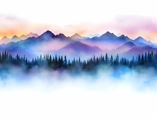 Obraz premium Misty Mountain Landscape with Pine Trees at Dawn: A Serene Watercolor Illustration